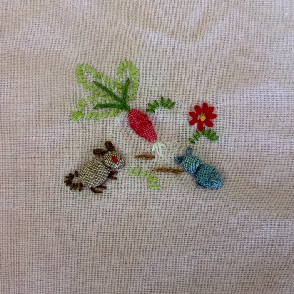 Vintage Embroidered Pink Cotton Crib Sheet Mountains, Bunnies, And Flowers - Picture 5 of 6